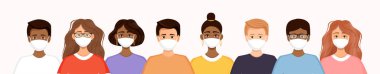 Koronavirüsü, gribi, hava kirliliğini, virüsleri ve hastalıkları önlemek için maske takan bir grup kadın ve erkek sıraya giriyor. Sosyal çeşitlilik. Vektör illüstrasyonu