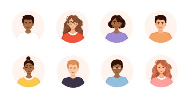 Bir grup farklı iş adamı avatarları. Yuvarlak çerçevede kadın ve erkek portreleri koleksiyonu. Yüzlerin vektör illüstrasyonu