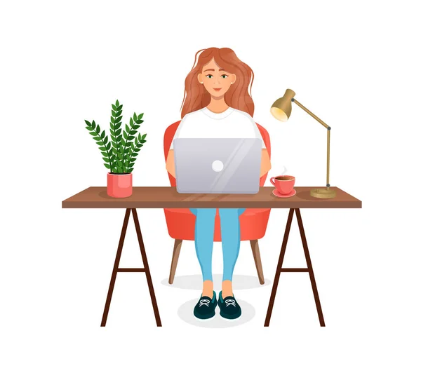 Woman Sits Table Works Home Computer Remote Work Freelance Home — Stock Vector