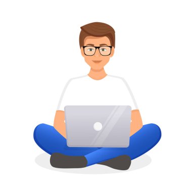 Adam dizüstü bilgisayarda çalışıyor. Serbest çalışmanın düz vektör çizimi, evde çalışmak, iş, ofis, eğitim. Sosyal ağlarda uzaktan çalışma ve iletişim. Çizgi film biçimi.