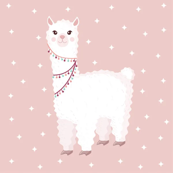 Llama Festiva Alpaca Sobre Fondo Rosa Con Estrellas Ilustración Vectorial — Vector de stock