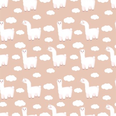 Komik lama ve pastel kahverengi arka planda bulutlar olan kusursuz bir desen. Bebek dokusu, tekstil, kumaş, poster, tebrik kartı ve dekor için uygun vektör çizimi. Peru 'dan tatlı alpaka..