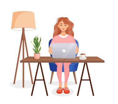 Kadın masada oturuyor, evde bilgisayar başında çalışıyor. Uzaktan çalışma, serbest çalışma, ev ofisi, programlama, eğitim. Vektör illüstrasyonu