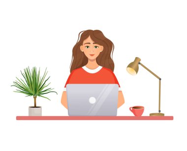 Kadın bilgisayarda çalışıyor. Uzaktan çalışma, serbest çalışma, ev ofisi, programlama, eğitim. İnternetteki iletişim, online toplantılar. Vektör illüstrasyonu