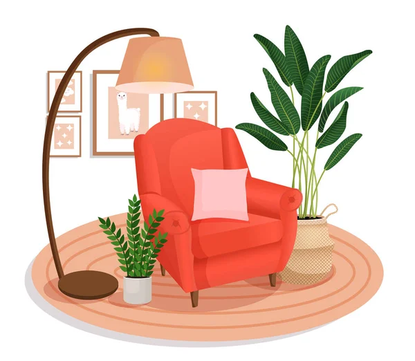 Intérieur mignon avec des meubles et des plantes modernes. Design de chambre confortable avec fauteuil doux, oreiller, plantes, photos de mur, tapis, lampe. Salon intérieur. Illustration vectorielle de style plat. — Image vectorielle