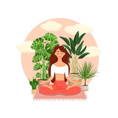 Bitkilerle çevrili nilüfer çiçekli güzel esmer kız. Evinde meditasyon yapan bir kadının vektör çizimi. Uyum ve denge. Bacak bacak üstüne attım. İçerideki kız.