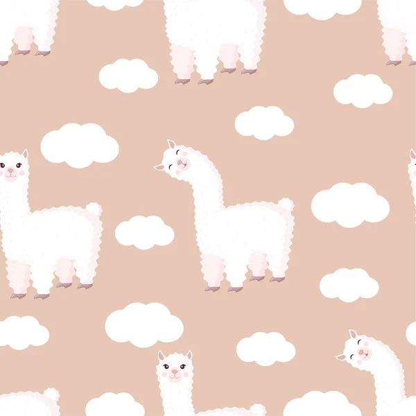 Naadloos patroon met grappige lama en wolken op pastelbruine achtergrond. Vector illustratie geschikt voor baby textuur, textiel, stof, poster, wenskaart, decor. Leuke alpaca uit Peru. — Stockvector