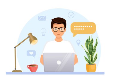 Adam bilgisayar başında çalışıyor ve mesajlara cevap veriyor. Çağrı merkezi ve destek servisinin vektör illüstrasyonu