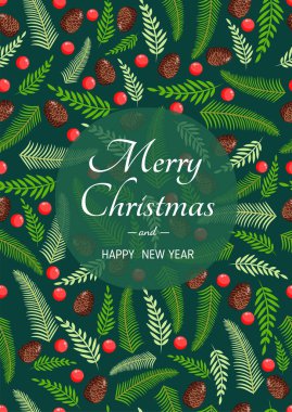 Doğal çam, dal, koni ve böğürtlenli Noel kartı. Mutlu Noeller ve Mutlu Yıllar 'ın temsilcisi. Kusursuz desen ve doku. Tasarım ögeleri