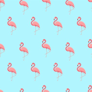 Tropikal kuş flamingosuyla kusursuz desen. Tekstil için bir kuş dokusu, duvar kağıdı, baskı tasarımı, kıyafet kartpostalları. Vektör illüstrasyonu
