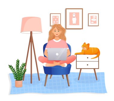 Kadın evinde dizüstü bilgisayarında bir sandalyede oturuyor. Uzaktan çalışma, evdeki ofis, programlama, serbest çalışma. Evde, karantinada çalış. Vektör çizimi. Bir kediyle iç içe..
