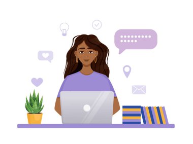 Kadın bilgisayar başında okuyor ve çalışıyor. Uzaktan çalışma, serbest çalışma, eğitim. İnternetteki iletişim, online toplantılar, uzak kurslar. Vektör illüstrasyonu
