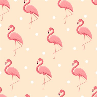 Tropikal kuş flamingosuyla kusursuz desen. Tekstil için bir kuş dokusu, duvar kağıdı, baskı tasarımı, kıyafet kartpostalları. Vektör illüstrasyonu