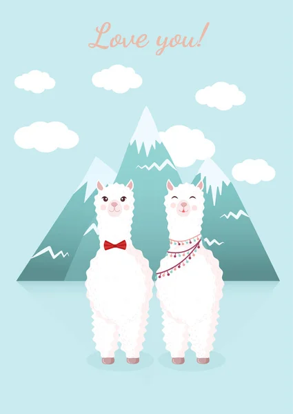 Linda Pareja Enamorada Llama Alpaca Fondo Las Montañas Las Nubes — Vector de stock