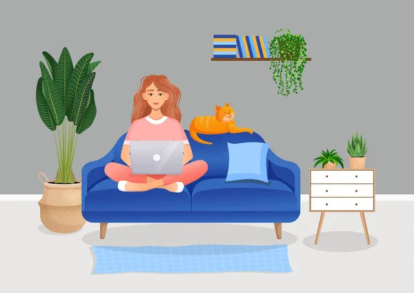 Wanita Duduk Sofa Sebuah Ruangan Dengan Komputer Laptop Dengan Kucingnya - Stok Vektor