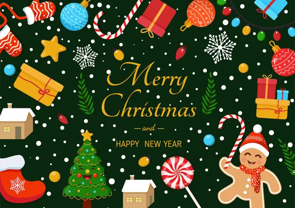 Carte Nouvel Avec Sapin Pain Épice Bonbons Cadeaux Guirlandes Joyeux — Image vectorielle