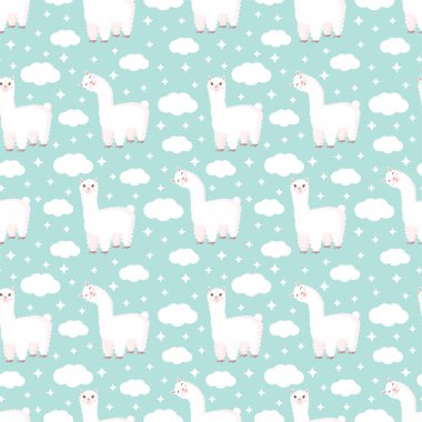 Tuhaf lama, bulutlar ve yıldızların mavi arka planda olduğu kusursuz bir desen. Bebek dokusu, tekstil, kumaş, poster, tebrik kartı ve dekor için uygun vektör çizimi. Peru 'dan tatlı alpaka..