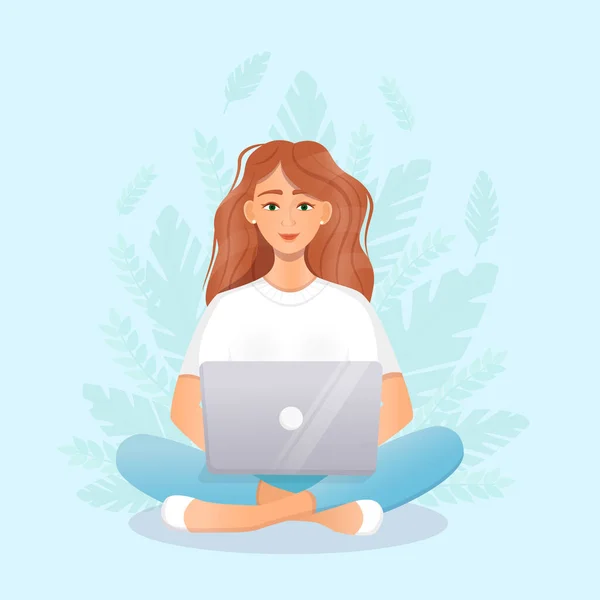 Woman sits at a laptop while sitting in nature. Flat vector illustration of freelance, work at home, work, office, education. Remote work and communication in social networks. Cartoon style — Stock Vector