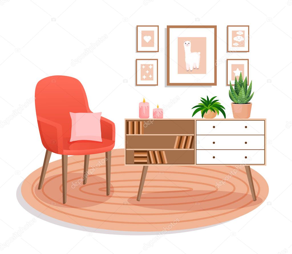 Cute interior with modern furniture and plants. Design of a cozy living room with soft chair, pillow, plants, pictures, carpet, dressers and books. Vector flat style illustration.