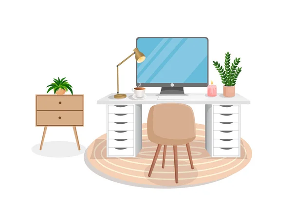 Interior moderno para oficina en casa con computadora, gabinete, trabajo remoto, freelancing, educación. Lugar de trabajo con plantas de interior. Ilustración vectorial en estilo plano de dibujos animados. Cómodo lugar de trabajo y apartamento. — Archivo Imágenes Vectoriales