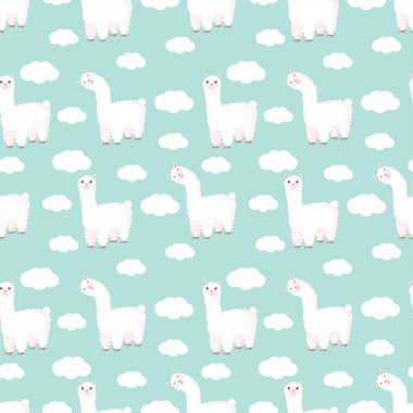 Tuhaf bir lama ve mavi arka planda bulutlar olan kusursuz bir desen. Bebek dokusu, tekstil, kumaş, poster, tebrik kartı ve dekor için uygun vektör çizimi. Peru 'dan tatlı alpaka..
