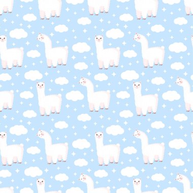 Tuhaf lama, bulutlar ve yıldızların mavi arka planda olduğu kusursuz bir desen. Bebek dokusu, tekstil, kumaş, poster, tebrik kartı ve dekor için uygun vektör çizimi. Peru 'dan tatlı alpaka.