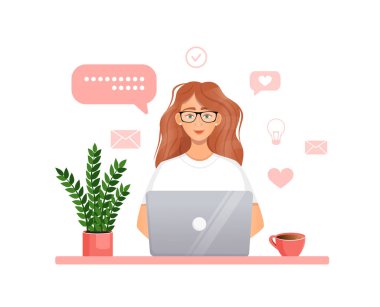Kadın bilgisayarda çalışıyor. Uzaktan çalışma, serbest çalışma, ev ofisi, programlama, eğitim. İnternetteki iletişim, online toplantılar. Vektör illüstrasyonu.