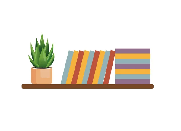 Bookshelf with stacks of books with house plants on the wall. Vector illustration of interior decoration elements — Stock Vector