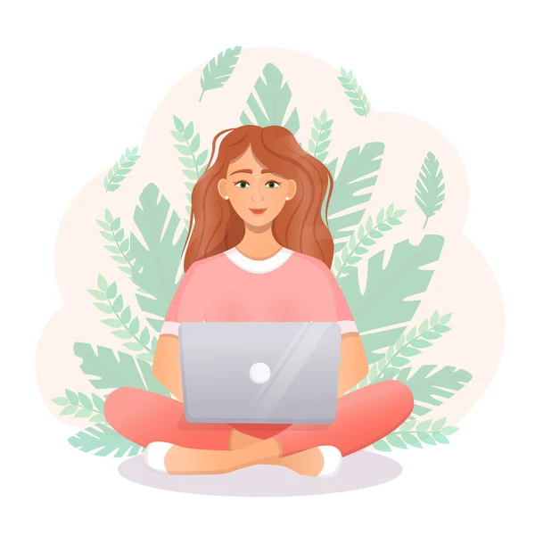 Woman sits at a laptop while sitting in nature. Flat vector illustration of freelance, work at home, work, office, education. Remote work and communication in social networks. Cartoon style — Stock Vector