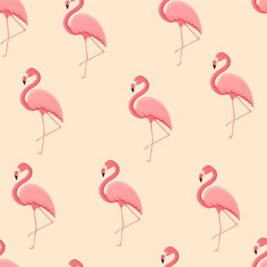 Tropikal kuş flamingosuyla kusursuz desen. Tekstil için bir kuş dokusu, duvar kağıdı, baskı tasarımı, kıyafet kartpostalları. Vektör illüstrasyonu