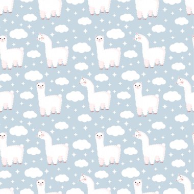 Tuhaf lama, bulutlar ve yıldızların mavi arka planda olduğu kusursuz bir desen. Bebek dokusu, tekstil, kumaş, poster, tebrik kartı ve dekor için uygun vektör çizimi. Peru 'dan tatlı alpaka.
