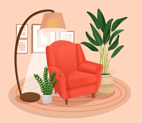 Aranyos Belső Tér Modern Bútorokkal Növényekkel Hangulatos Szoba Design Puha — Stock Vector
