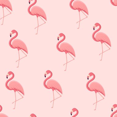 Tropikal kuş flamingosuyla kusursuz desen. Tekstil için bir kuş dokusu, duvar kağıdı, baskı tasarımı, kıyafet kartpostalları. Vektör illüstrasyonu