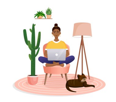 Kadın evinde dizüstü bilgisayarında bir sandalyede oturuyor. Uzaktan çalışma, evdeki ofis, programlama, serbest çalışma. Evde, karantinada çalış. Vektör çizimi. Bir kediyle iç içe..