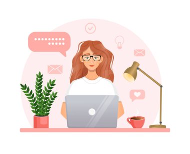 Kadın yönetici mesajlara cevap veren bir bilgisayarda çalışıyor. Çağrı merkezi ve destek servisinin vektör illüstrasyonu