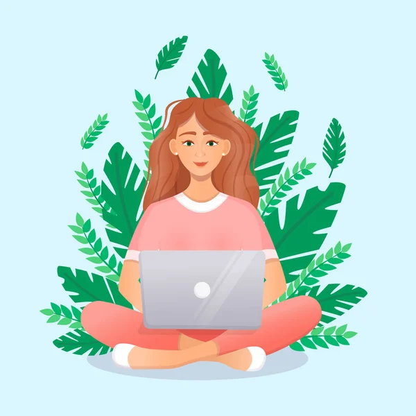 Wanita berambut merah lucu duduk di laptop sambil duduk di alam. Ilustrasi vektor datar dari freelance, pekerjaan di rumah, pekerjaan, kantor, pendidikan, pelatihan. Kerja jarak jauh dan komunikasi dalam jejaring sosial - Stok Vektor