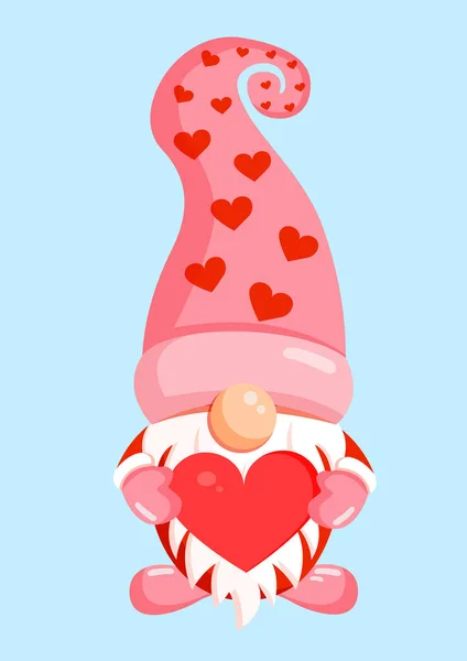 Ilustrasi Gnome Romantis Dengan Hati Merah Tangannya Untuk Spanduk Kartu - Stok Vektor