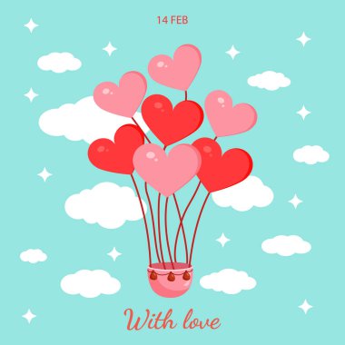 Sevgililer günü kartpostal, tekstil, dekor ve poster için kalp şeklinde pembe sıcak hava balonları. Vektör çizimi. Tebrik kartı