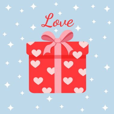 Kalpli kırmızı hediye kutusu sürprizi. Kartpostal, tekstil, dekor, poster ve afiş için mevcut vektör çizimi. Sevgililer Günü ve diğer tatiller için tebrik kartı. Metin değiştirilebilir