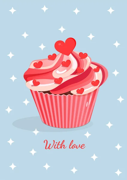 Sweet Pink Cupcake Hearts Vector Illustration Cupcake Icon Postcard Textile — Vetor de Stock