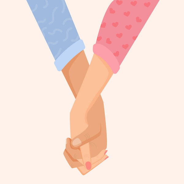 Vector romantic illustration with female and male hands for a postcard, textiles, decor, poster, banner, internet, social networks. Greeting card for Valentine's Day and other holidays. Hold hands