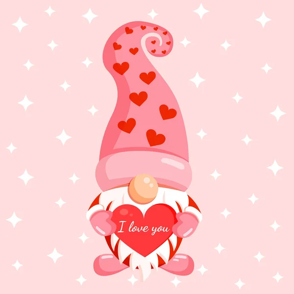 Illustration Romantic Gnome Red Heart His Hands Banner Postcard Textiles — Stockvektor