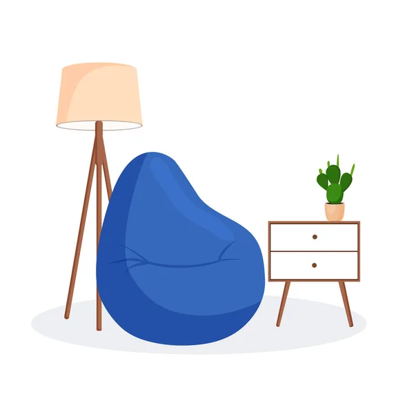 Cute Interior Modern Furniture Plants Design Cozy Living Room Beanbag — Image vectorielle