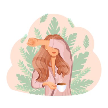 Genç kızıl saçlı kız sabah bir fincan kahveyle yaprakların arkasında. İyi sabahlar. Reklam, kartpostal ve poster için pijamalı uykulu bir kadının vektör çizimi. Güzel rüya..