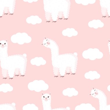 Pembe arka planda, komik lama ve bulutlarla kusursuz bir desen. Bebek dokusu, tekstil, kumaş, poster, tebrik kartı ve dekor için uygun vektör çizimi. Peru 'dan tatlı alpaka.