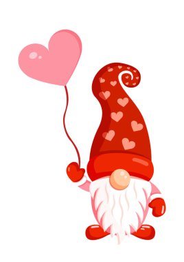 Pankart, kartpostal, tekstil ve dekor için şişirilebilir topu olan romantik bir cücenin tasviri. İskandinav İskandinav İskandinav cücesi, Sevgililer Günü için sevimli elf.