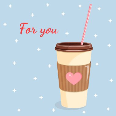 Kartpostal, tekstil, dekor, poster ve afiş için kalbi olan kahve kağıdı bardağı. Pipetle plastik bardağın vektör çizimi. Sevgililer Günü ve diğer tatiller için tebrik kartı.