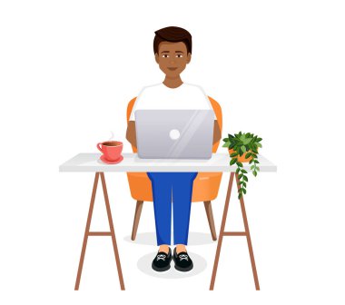 Adam masada oturuyor, evdeki bilgisayarda çalışıyor. Uzaktan çalışma, serbest çalışma, ev ofisi, programlama, eğitim. Vektör illüstrasyonu