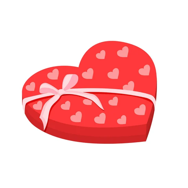 お菓子のためのピンクの弓と心の形をした赤い箱 はがき ポスター バナーのためのギフト包装のベクトルイラスト バレンタインデーやその他の休日のグリーティングカード — ストックベクタ