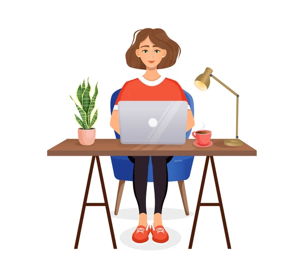 Wanita Duduk Meja Bekerja Rumah Komputer Pekerjaan Jarak Jauh Freelance - Stok Vektor